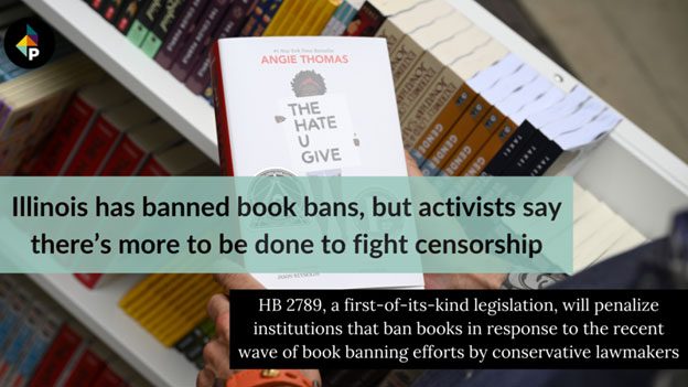 Picture of books on a library cart with text saying there's more to be done to fight censorship